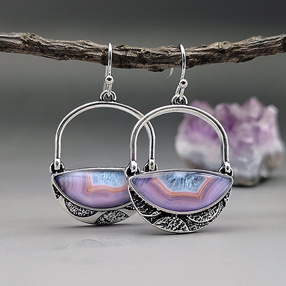 Boho Purple Blue Silver Tone Hoop Earrings - Picture 1 of 4